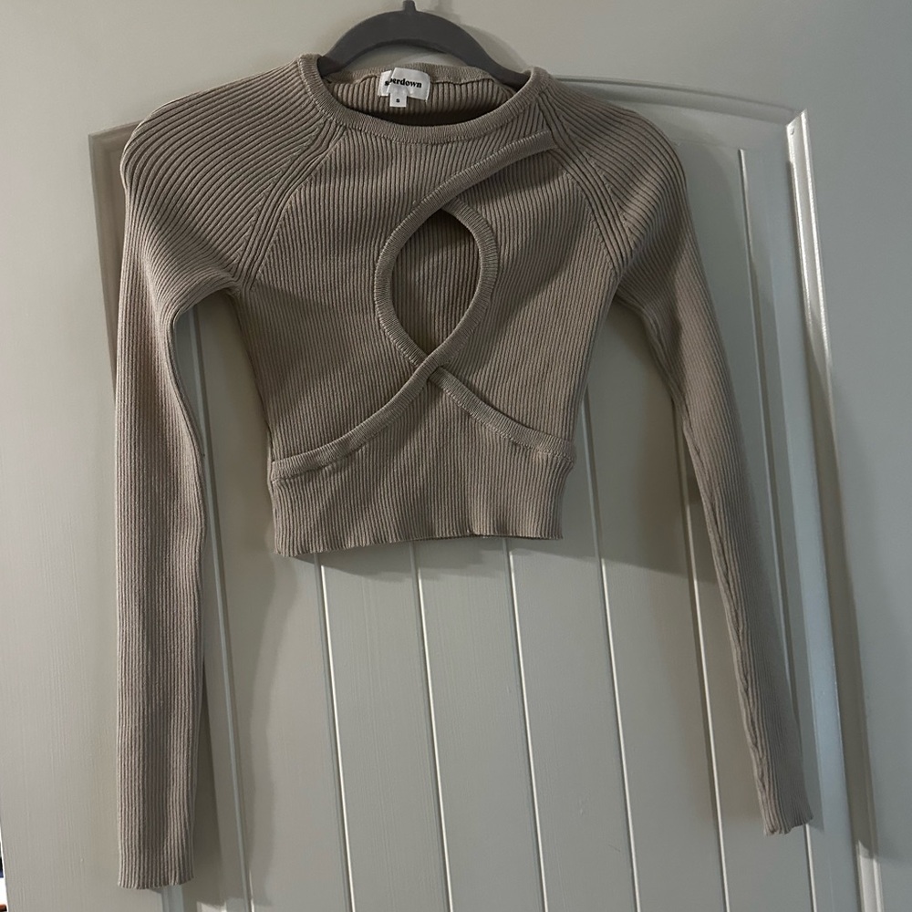 superdown Tan Ribbed Cut-Out Crop Top